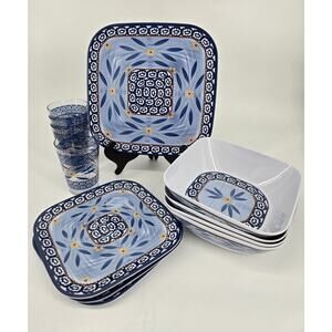 NEW Melamine Temptations Blue Old World 4 Place Setting Set - 16 Pieces